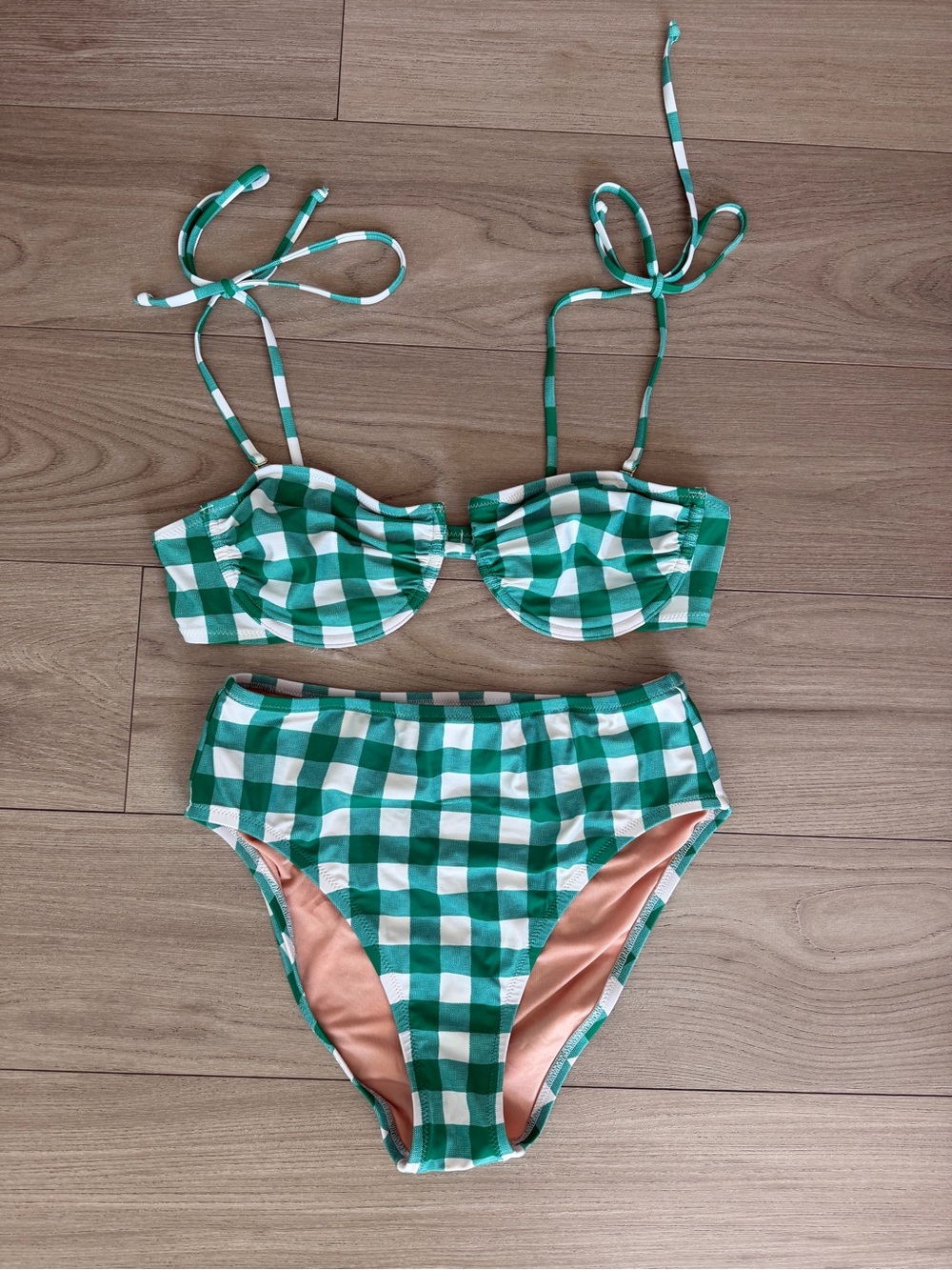 J. Crew Green and Peach Gingham Bikini Set